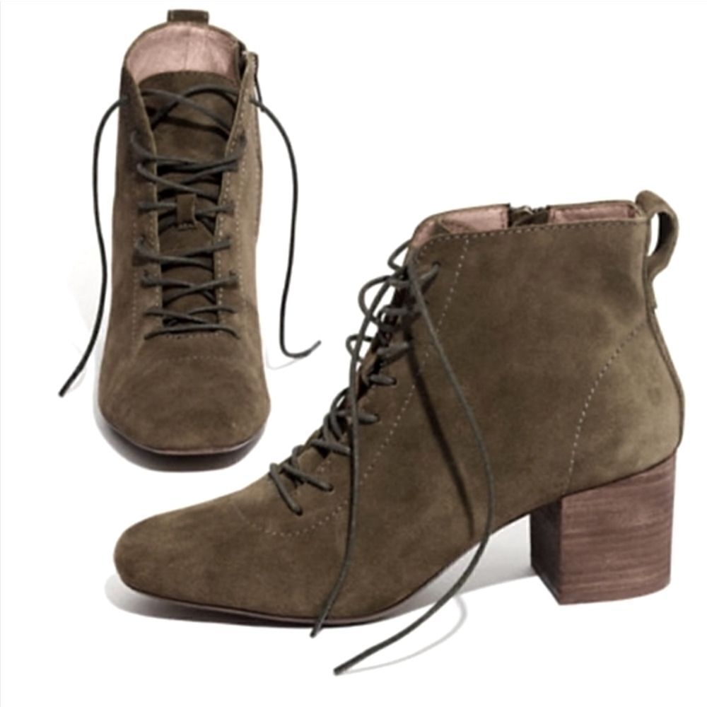 Madewell The Emilia Lace‎ Up Side Zip Green Suede Granny Ankle Boots Booties 10